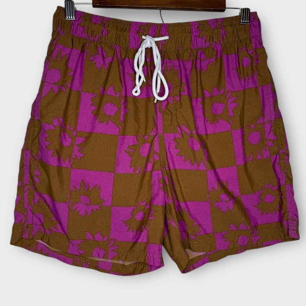 Urban Outfitters Daisy Checkerboard Print Swim Shorts Trunks Purple Brown Medium